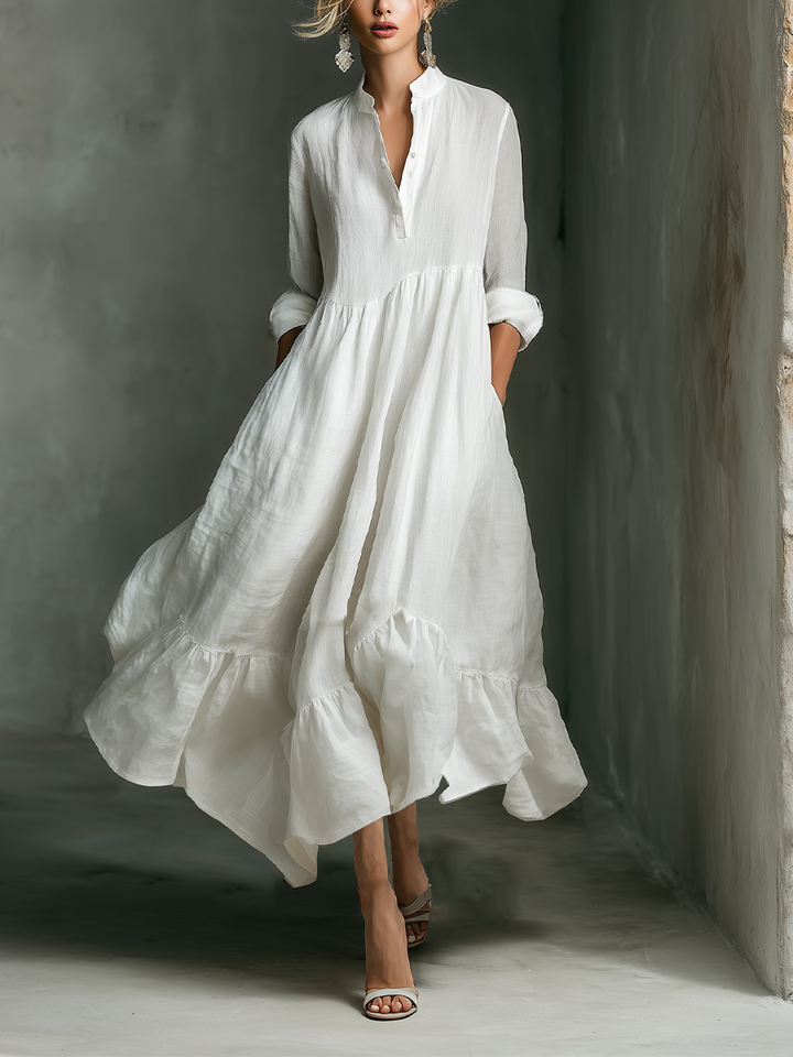 Dames Witte Lange Mouwen Rimpel Maxi Jurk