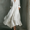 Dames Witte Lange Mouwen Rimpel Maxi Jurk