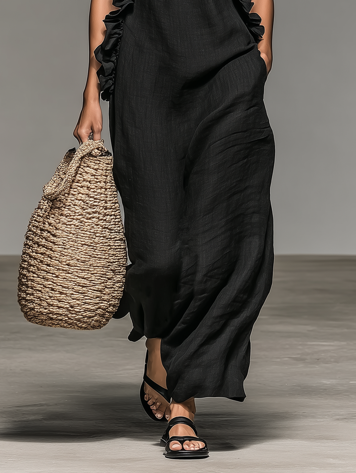 Dames Minimalistische Linnenmix Mouwloze Maxi Jurk Met Rimpeldetails