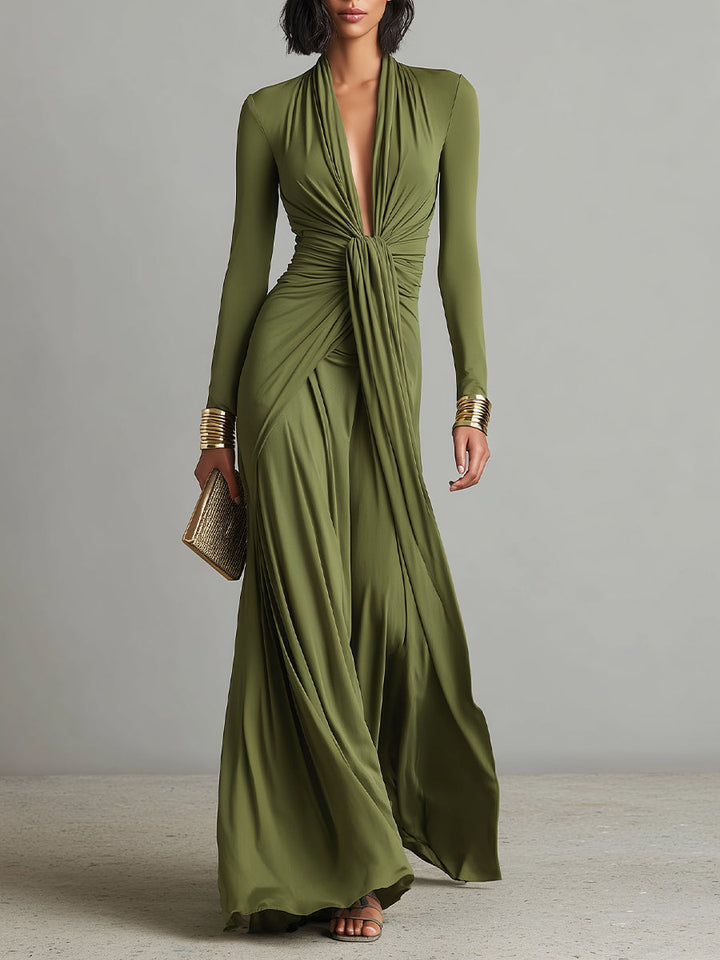 Dames Olijfgroene Zijdeachtige Rekbare Jurk Met Diepe V-hals & Rimpeldetail, Glamoureuze Maxi Jurk