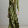 Dames Olijfgroene Zijdeachtige Rekbare Jurk Met Diepe V-hals & Rimpeldetail, Glamoureuze Maxi Jurk