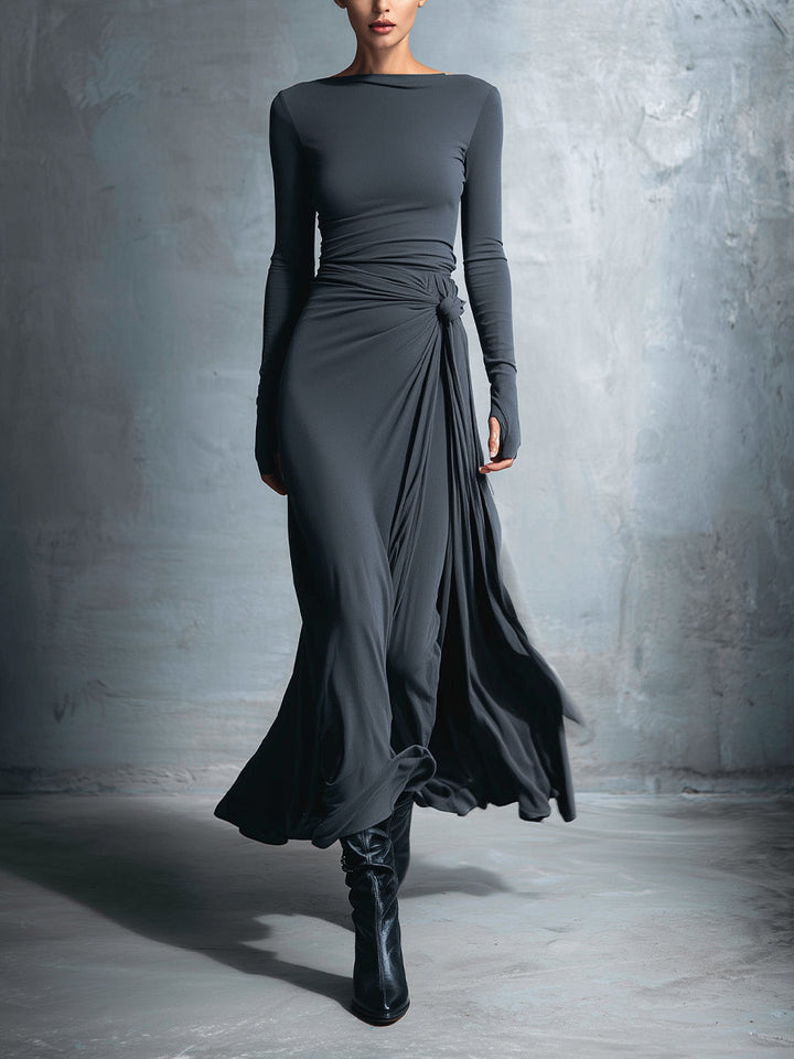 Dames Grijze Exquisite Stretch Gemengde Stof Wikkeljurk - Geknoopte Maxi Jurk