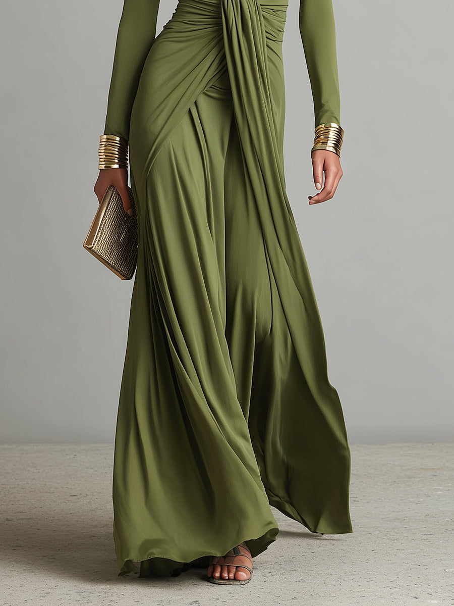 Dames Olijfgroene Zijdeachtige Rekbare Jurk Met Diepe V-hals & Rimpeldetail, Glamoureuze Maxi Jurk