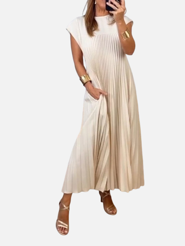 Sara | Plissé Maxi-Jurk met Ronde Hals