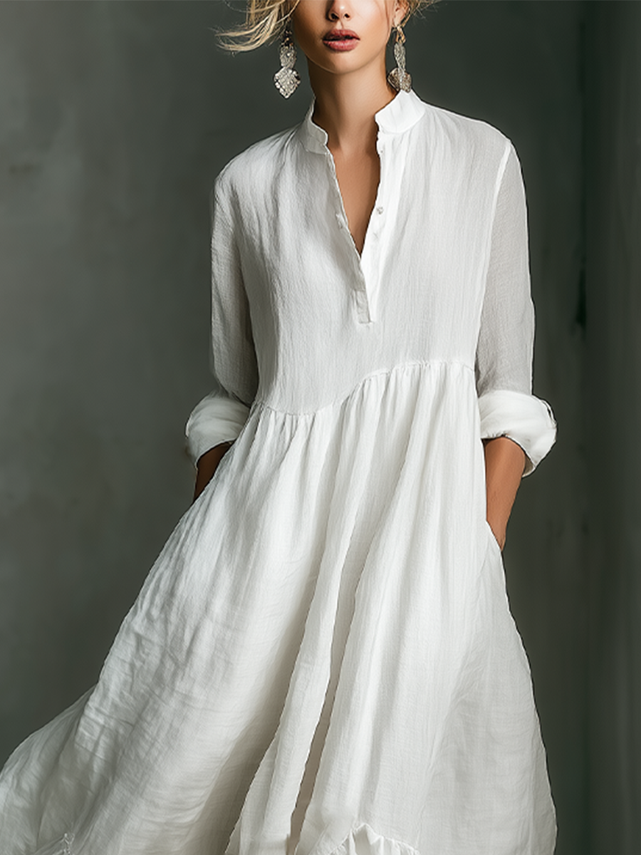 Dames Witte Lange Mouwen Rimpel Maxi Jurk