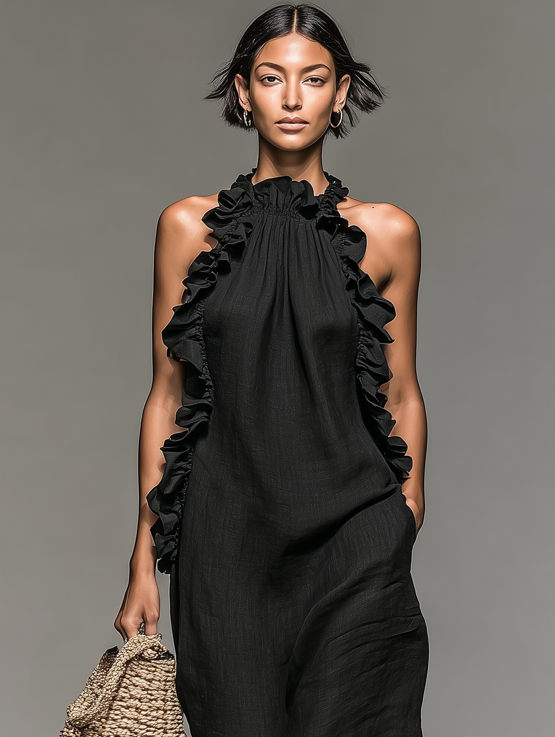 Dames Minimalistische Linnenmix Mouwloze Maxi Jurk Met Rimpeldetails