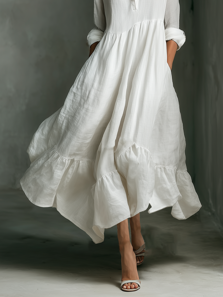 Dames Witte Lange Mouwen Rimpel Maxi Jurk