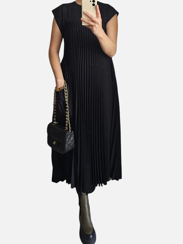 Sara | Plissé Maxi-Jurk met Ronde Hals