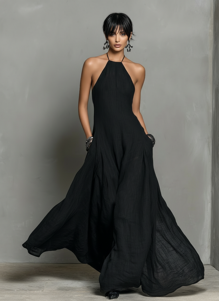 Vrouwen Minimalistische Linnenmix Halter Nek Mouwloze Maxi Jurk