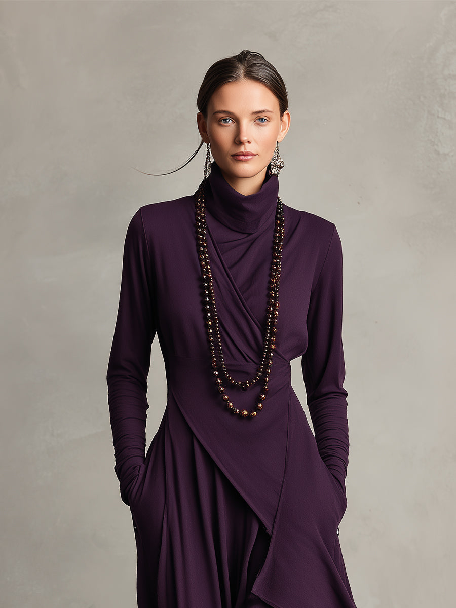Dames Paarse Boheemse Katoenen Stretch Col Asymmetrische Geplooide Maxi Jurk