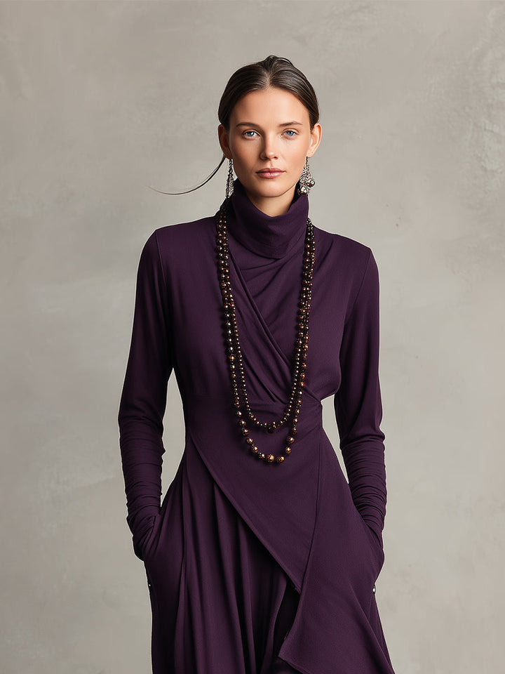 Dames Paarse Boheemse Katoenen Stretch Col Asymmetrische Geplooide Maxi Jurk