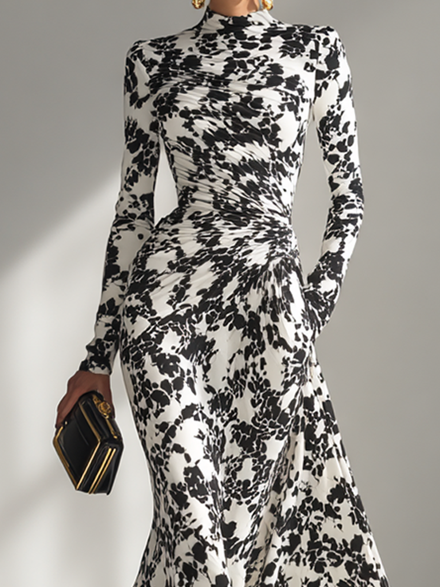 Dames Zwart-Wit Patroon Stretch Blend Wikkeljurk