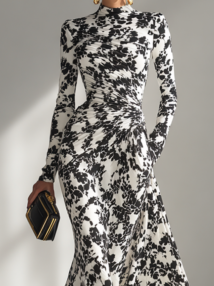 Dames Zwart-Wit Patroon Stretch Blend Wikkeljurk