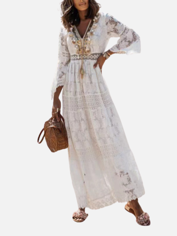 Sara | Boho Kanten Maxi-Jurk met V-Hals