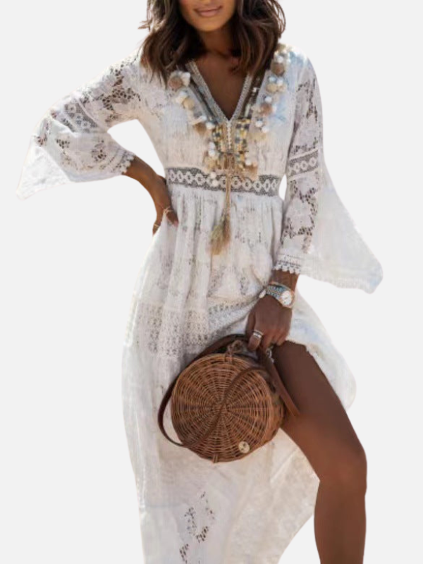 Sara | Boho Kanten Maxi-Jurk met V-Hals