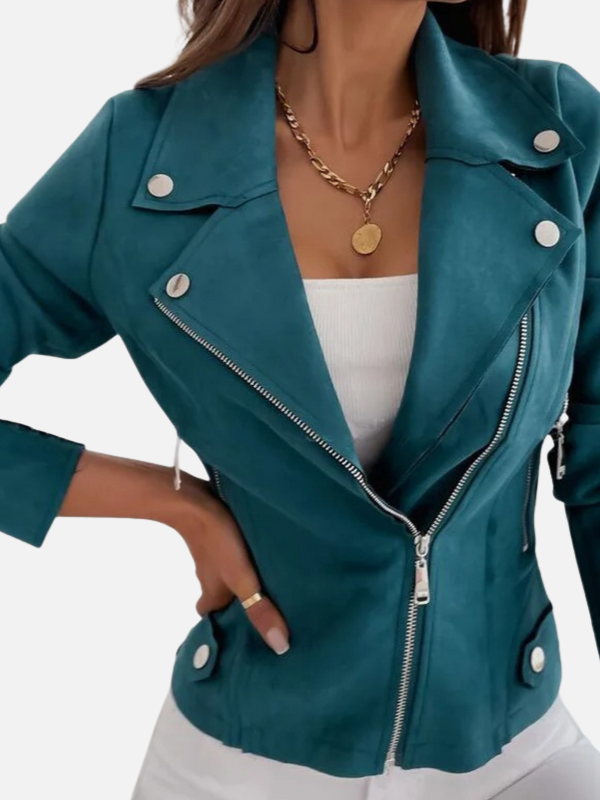 Fleur | Elegante Suède Bikerjack met Ritszakken