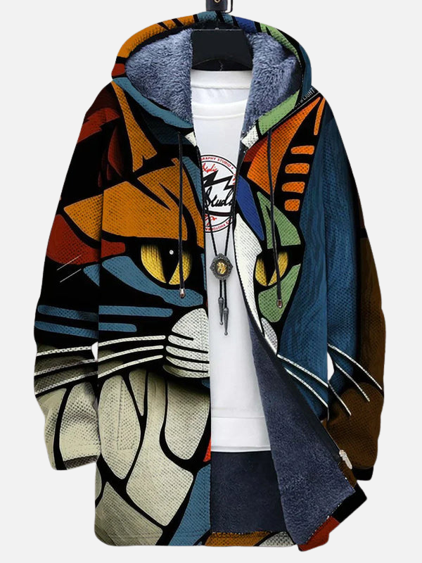 Bram | Fleece Hoodie Jack met Kattenprint