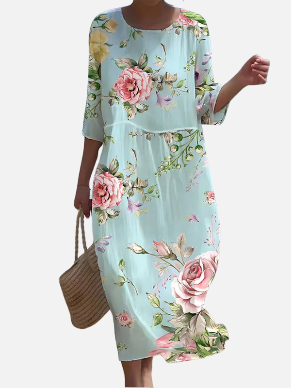 Sara | Gebloemde Midi-Jurk met Ronde Hals