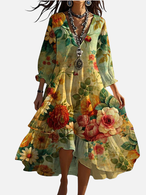 Sara | Gebloemde Midi-Jurk met V-Hals