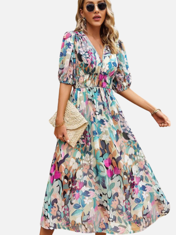 Sara | Gebloemde Midi-Jurk met V-Hals