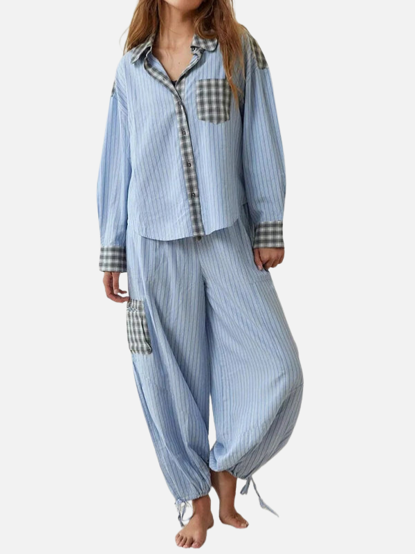 Sanne | Gestreepte Pyjamaset met Geruite Details