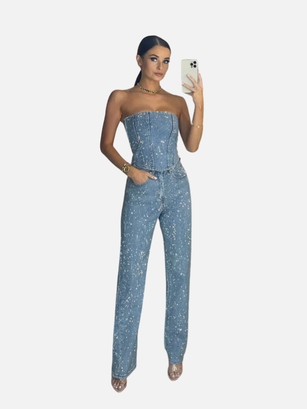 Eva | Glitter Denim Set met Strapless Top