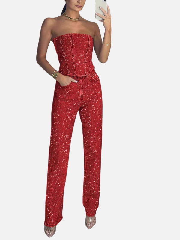Eva | Glitter Denim Set met Strapless Top
