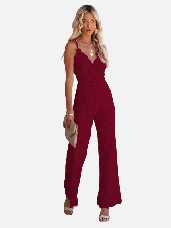 V-hals Kant Wijde Pijpen Jumpsuit Voor Dames