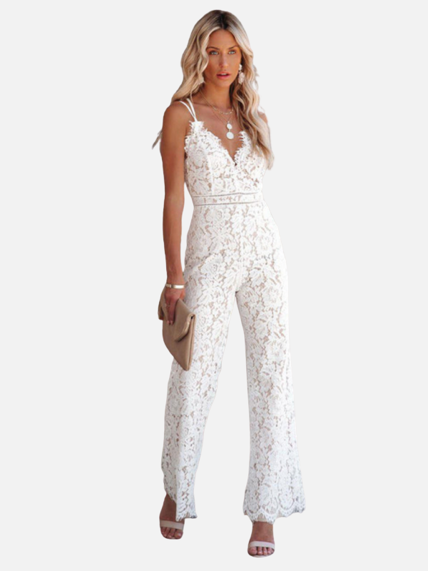V-hals Kant Wijde Pijpen Jumpsuit Voor Dames