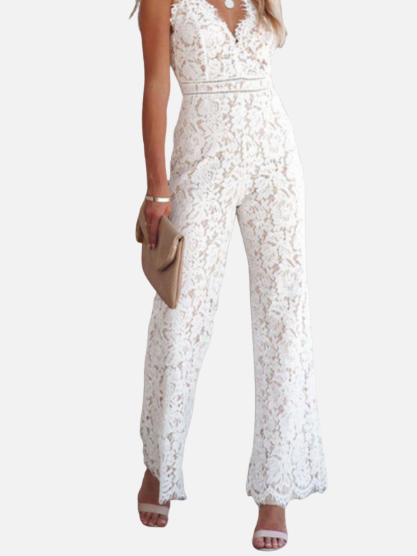 V-hals Kant Wijde Pijpen Jumpsuit Voor Dames