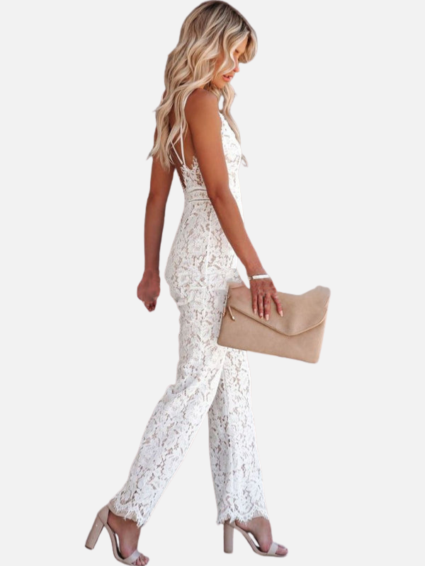 V-hals Kant Wijde Pijpen Jumpsuit Voor Dames