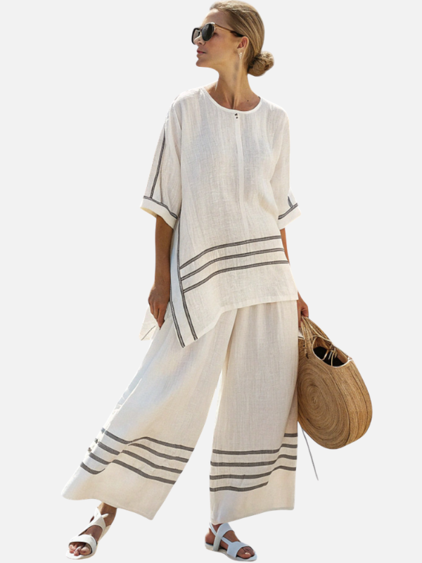 Sara | Linnen Set met Gestreepte Asymmetrische Top