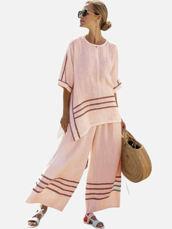 Sara | Linnen Set met Gestreepte Asymmetrische Top