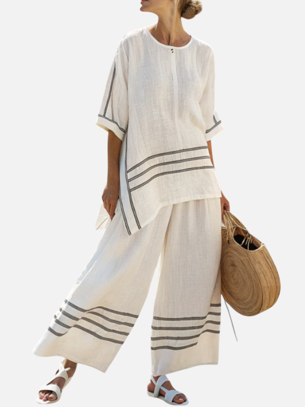 Sara | Linnen Set met Gestreepte Asymmetrische Top