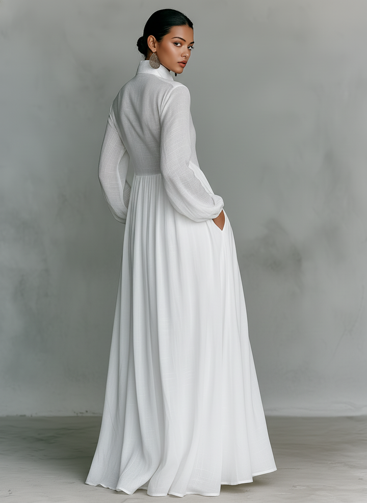Vrouwen Minimalistische Katoen En Linnen Patchwork Enkele Knop Staande Kraag Lange Mouwen Maxi Jurk