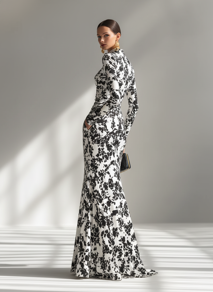 Dames Zwart-Wit Patroon Stretch Blend Wikkeljurk
