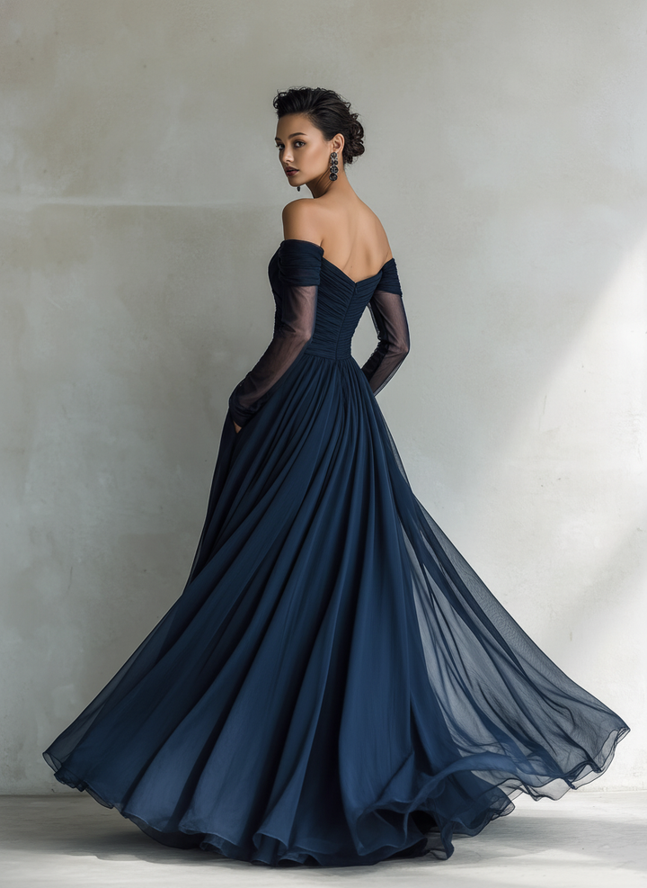 Dames Elegante Donkerblauwe Chiffon Organza Off-Shoulder Lange Mouwen Aansluitende Maxi Jurk