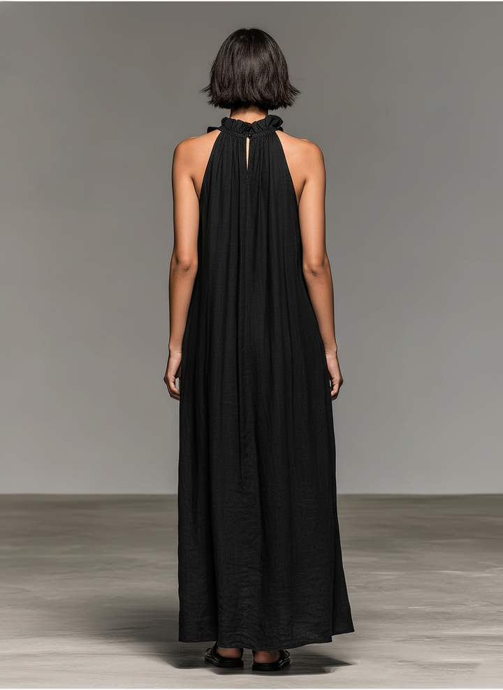Dames Minimalistische Linnenmix Mouwloze Maxi Jurk Met Rimpeldetails
