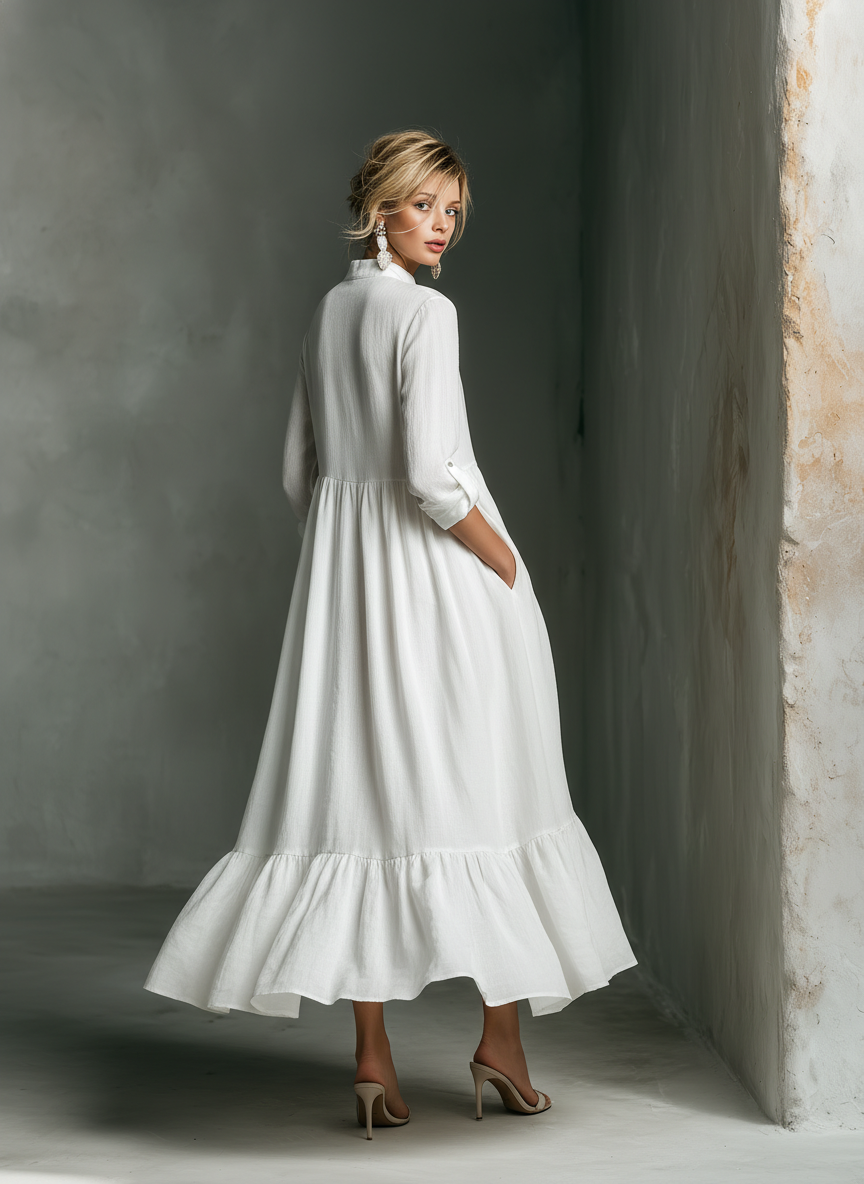 Dames Witte Lange Mouwen Rimpel Maxi Jurk