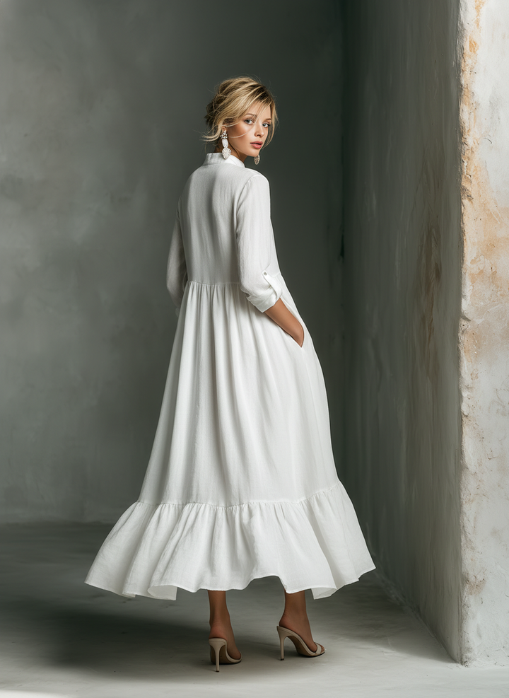 Dames Witte Lange Mouwen Rimpel Maxi Jurk