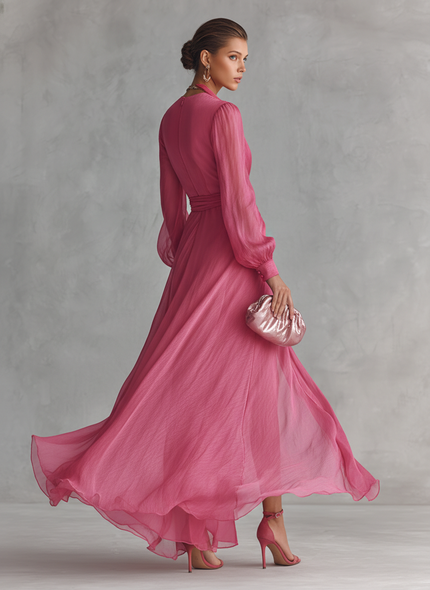 Vrouwen Elegante Roze Parels Chiffon V-hals Taille-tie Lange Jurk