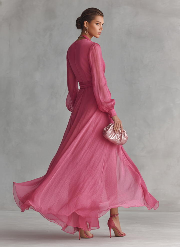 Vrouwen Elegante Roze Parels Chiffon V-hals Taille-tie Lange Jurk
