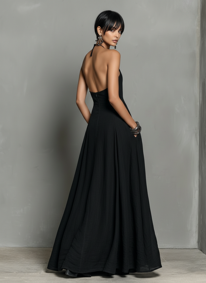 Vrouwen Minimalistische Linnenmix Halter Nek Mouwloze Maxi Jurk