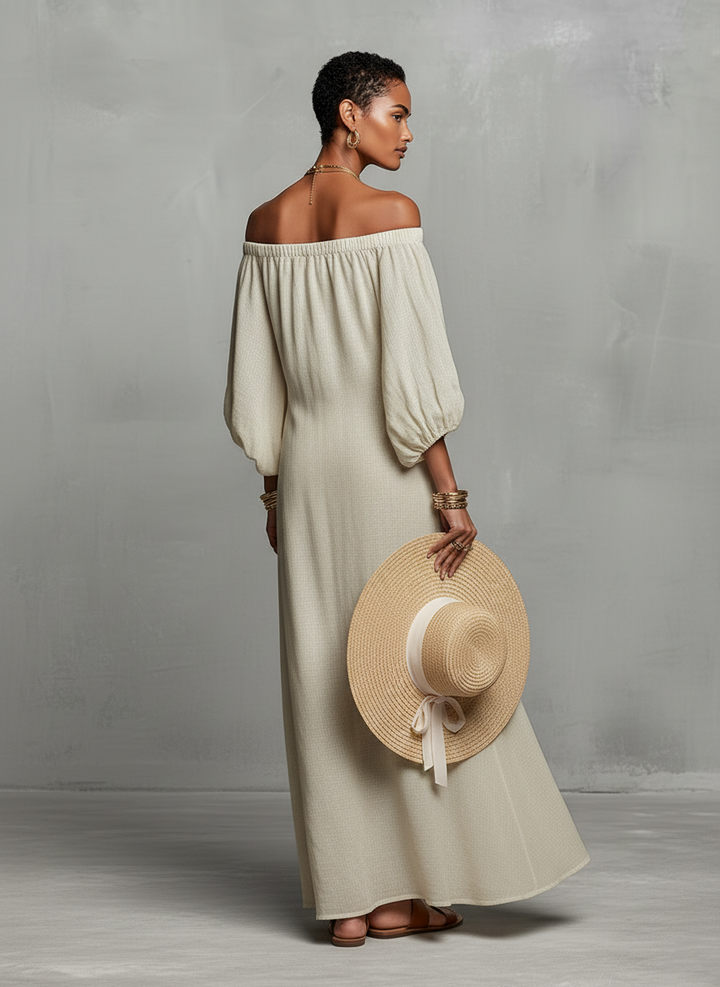 Vrouwen Minimalistische Off-shoulder Driekwart Mouw Geborduurde Maxi Jurk