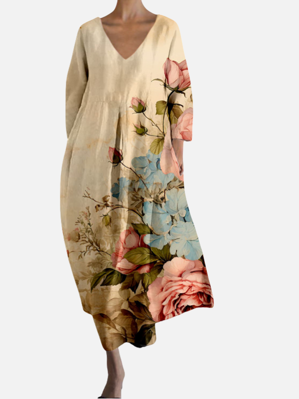 Sara | Maxi-Jurk met V-Hals en Print