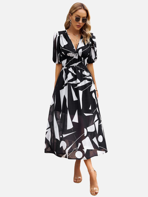 Sara | Midi-Jurk met Print en V-Hals
