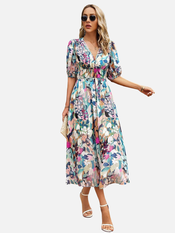 Sara | Midi-Jurk met Print en V-Hals