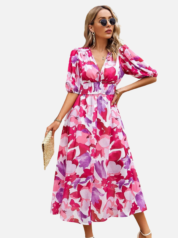 Sara | Midi-Jurk met Print en V-Hals