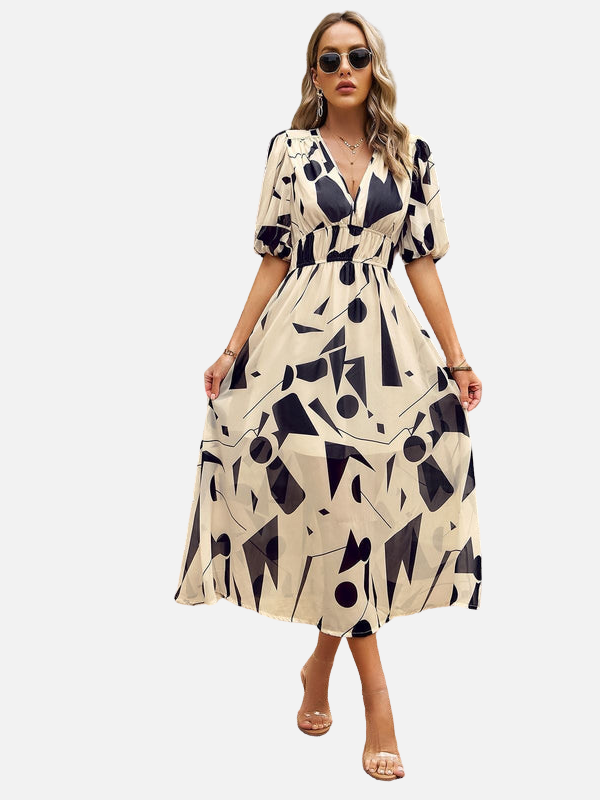 Sara | Midi-Jurk met Print en V-Hals