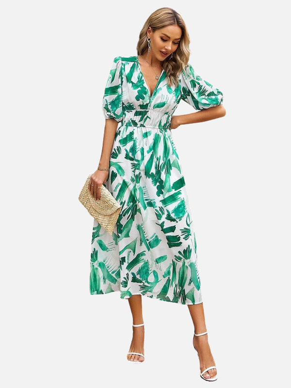 Sara | Midi-Jurk met Print en V-Hals